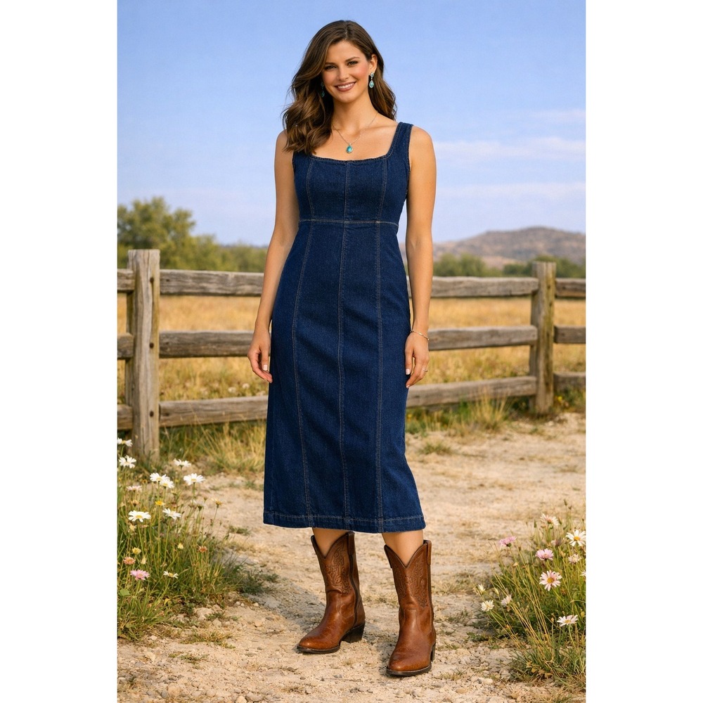 Denim Midi‎ Dress Women XS Petite Blue Western Boho Americana Boho Dark Wash